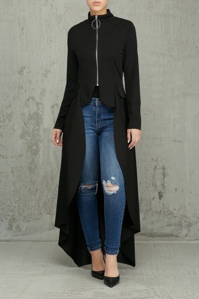 Autumn and winter new style long-sleeved high-neck slim zipper long skirt fake pocket irregular dress