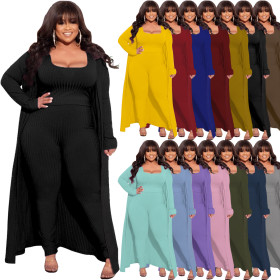 Autumn and winter new product high elastic pit strip three-piece solid color long-sleeved fashion casual suit