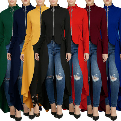 Autumn and winter new style long-sleeved high-neck slim zipper long skirt fake pocket irregular dress