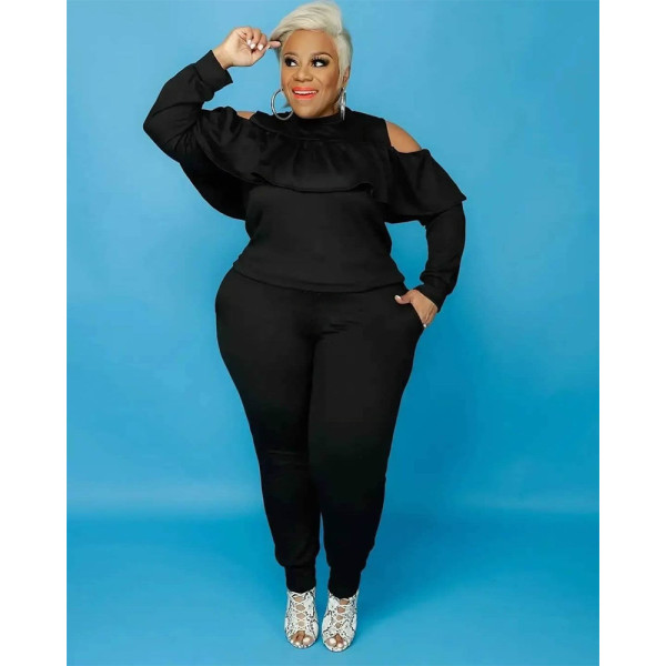 Fashionable casual set of fit slimming shoulder solid color plus size women's clothing
