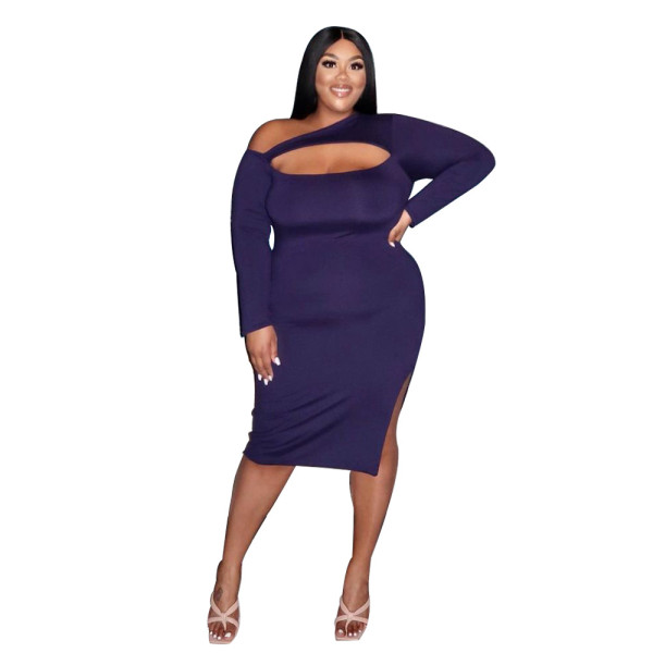 Casual fashion plus size women's oblique shoulder slit dress