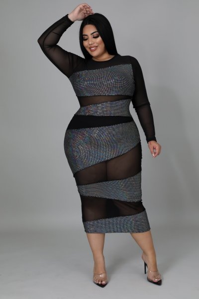 Fat woman plus size women's see-through long-sleeved dress fat woman dress fat woman dress