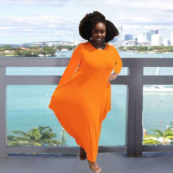 Solid color round neck long sleeves irregular hem imitation cotton pocket plus size dress