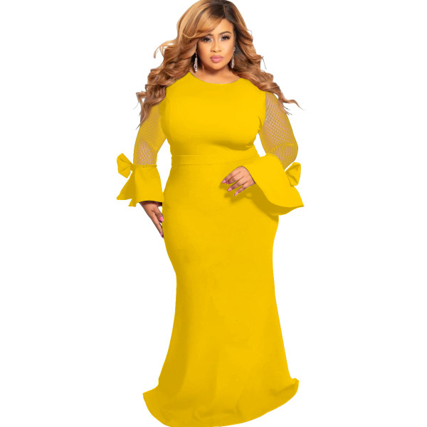 Women's round neck long sleeve mesh stitching long dress solid color plus size dress