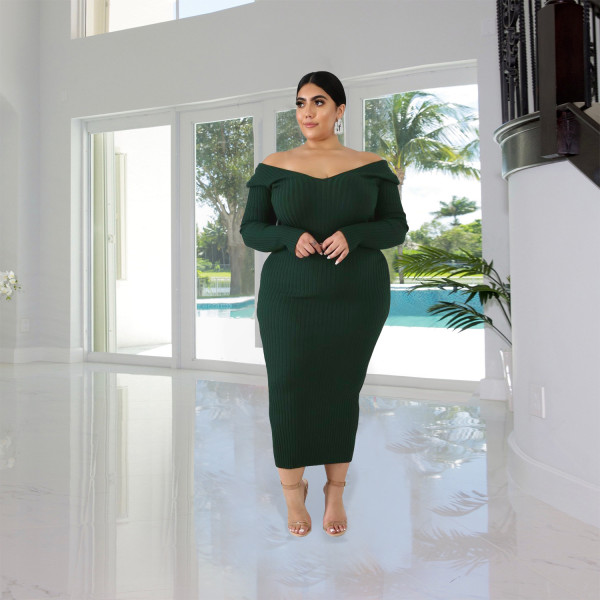 Autumn and winter solid color long-sleeved ribbed knitted cotton dress bottoming long skirt