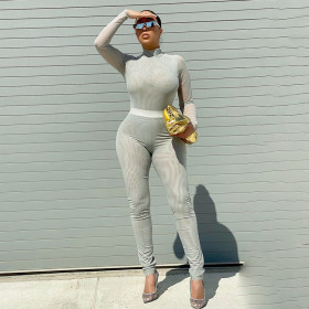Women's winter new round stand-up collar long-sleeved one-piece tight-fitting hollow trousers mesh suit