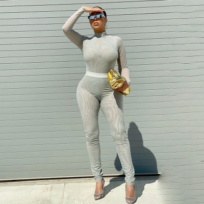 Women's winter new round stand-up collar long-sleeved one-piece tight-fitting hollow trousers mesh suit