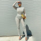 Women's winter new round stand-up collar long-sleeved one-piece tight-fitting hollow trousers mesh suit