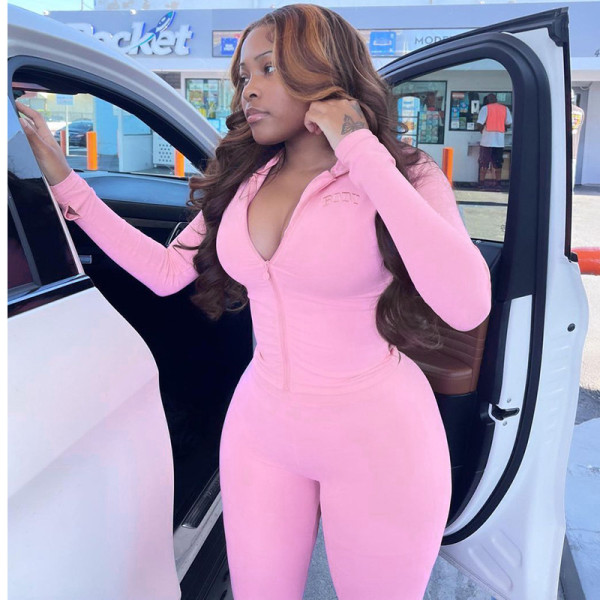 Fashion women's 2021 autumn solid color short hooded top sexy tight trousers suit