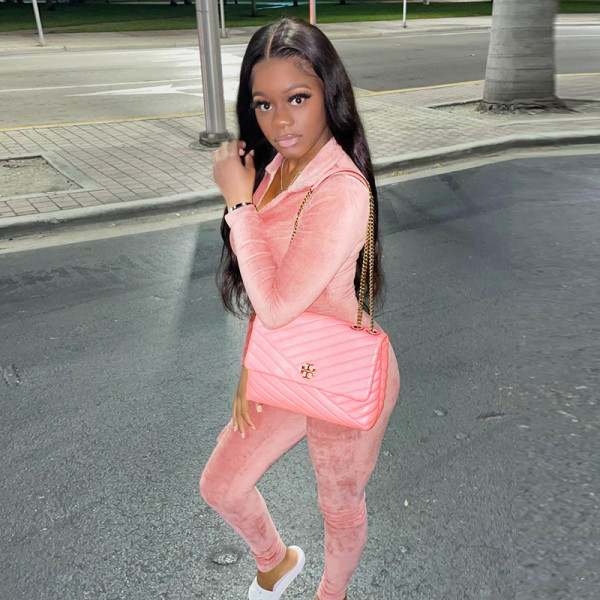Fashion women's new style solid color lapel long-sleeved suede casual sports trousers jumpsuit women