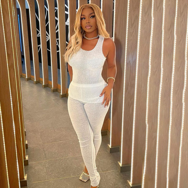 Women's 2021 Sleeveless Split T-shirt Fashion Slim See-through Pants Casual Suit Set