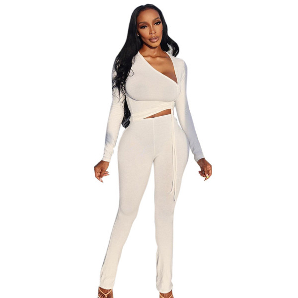 Fashion women's 2021 winter new solid color drawstring T-shirt casual tight trousers suit