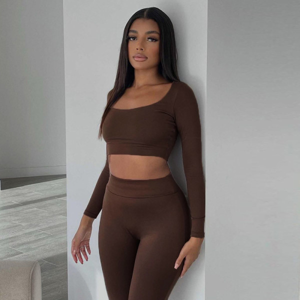 Women's autumn new solid color racer neck long-sleeved T-shirt high waist tight pants suit women