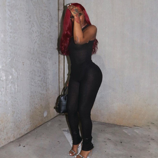 Women's 2021 Sleeveless Split T-shirt Fashion Slim See-through Pants Casual Suit Set