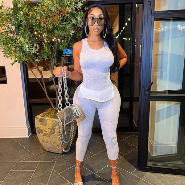 Women's 2021 Sleeveless Split T-shirt Fashion Slim See-through Pants Casual Suit Set