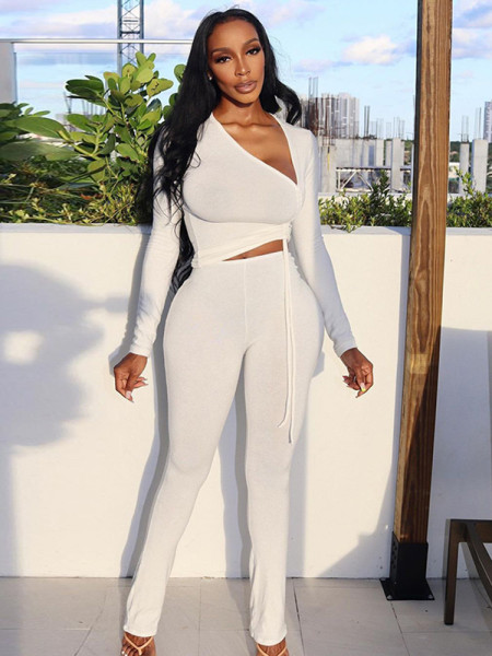 Fashion women's 2021 winter new solid color drawstring T-shirt casual tight trousers suit