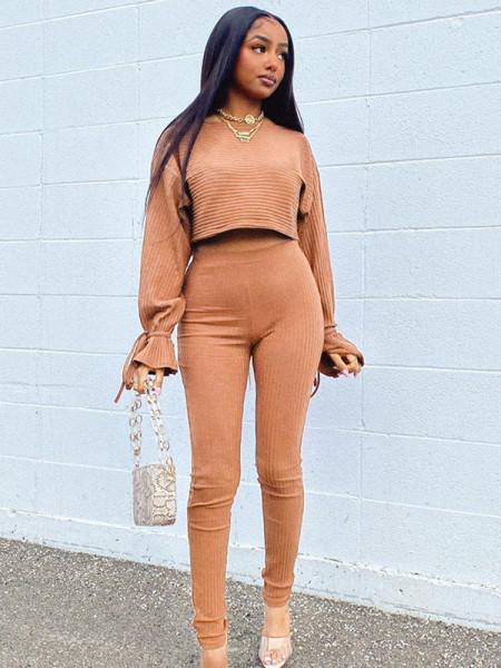 Women's autumn new pit strip round neck long-sleeved T-shirt tight casual trousers thread suit
