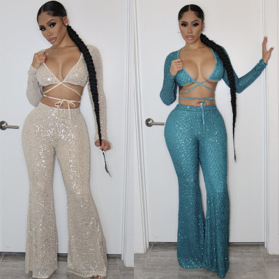 Women's new sexy long-sleeved chest-wrapped top and hip trousers two-piece suit