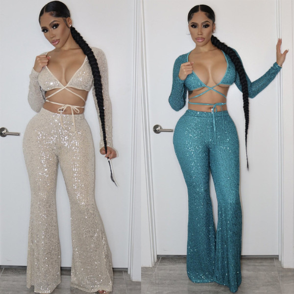 Women's new sexy long-sleeved chest-wrapped top and hip trousers two-piece suit