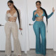 Women's new sexy long-sleeved chest-wrapped top and hip trousers two-piece suit
