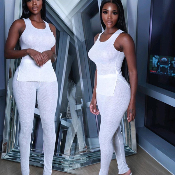 Women's 2021 Sleeveless Split T-shirt Fashion Slim See-through Pants Casual Suit Set