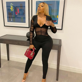 Women's 2021 autumn new deep V hollow long-sleeved sexy mesh stitching jumpsuit women