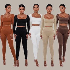Women's autumn new solid color racer neck long-sleeved T-shirt high waist tight pants suit women