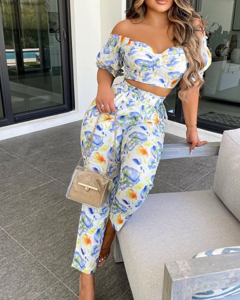 Tube top print temperament commuter long pants suit blue slim two-piece suit