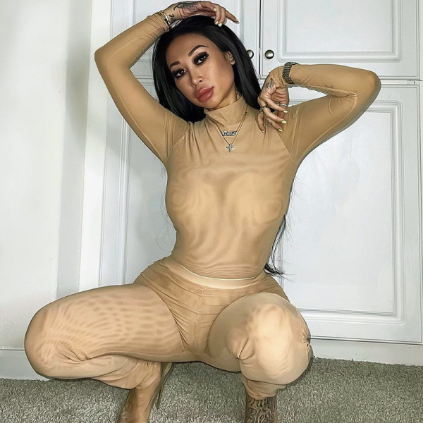 Women's winter new round stand-up collar long-sleeved one-piece tight-fitting hollow trousers mesh suit
