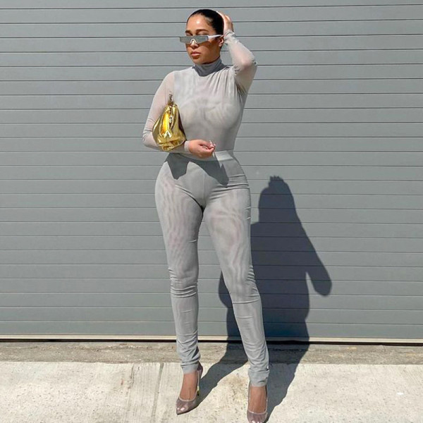 Women's winter new round stand-up collar long-sleeved one-piece tight-fitting hollow trousers mesh suit