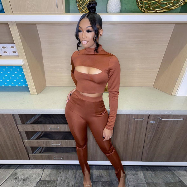 Women's autumn long-sleeved round stand-up collar T-shirt high-waist slim-fit trousers with split legs