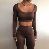 Women's autumn new solid color racer neck long-sleeved T-shirt high waist tight pants suit women