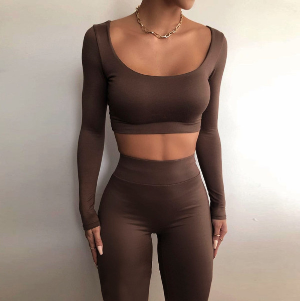 Women's autumn new solid color racer neck long-sleeved T-shirt high waist tight pants suit women