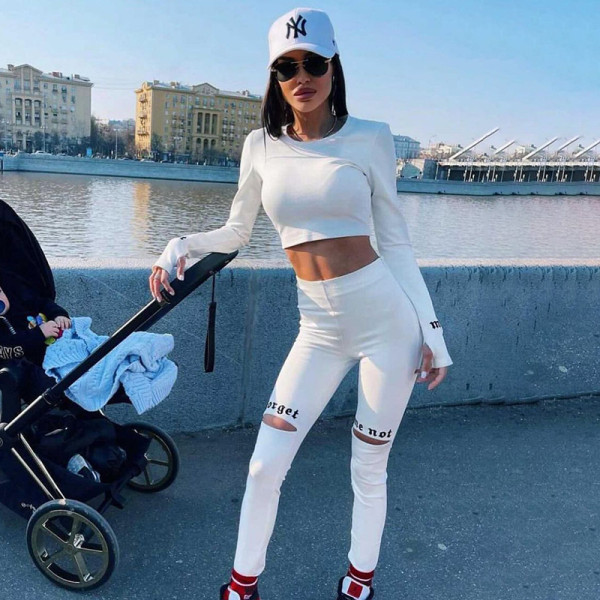 Women's winter new letter print long-sleeved T-shirt open smile knee trousers suit women