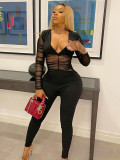 Women's 2021 autumn new deep V hollow long-sleeved sexy mesh stitching jumpsuit women