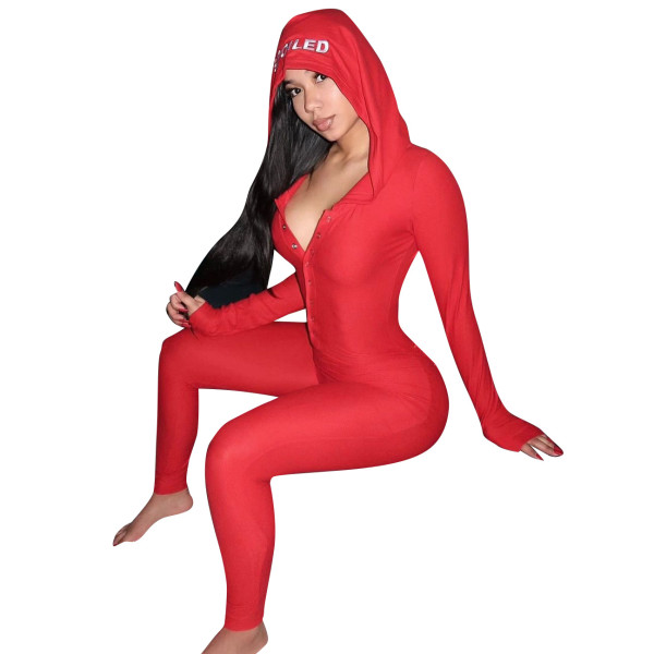 Fashion women's 2021 autumn and winter embroidered hooded snap front solid color skinny jumpsuit
