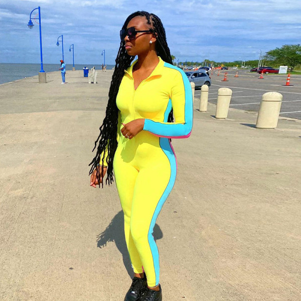 Women's 2021 winter new hit color round stand-up collar sports leisure fitness trousers jumpsuit