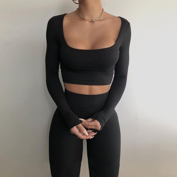 Women's autumn new solid color racer neck long-sleeved T-shirt high waist tight pants suit women