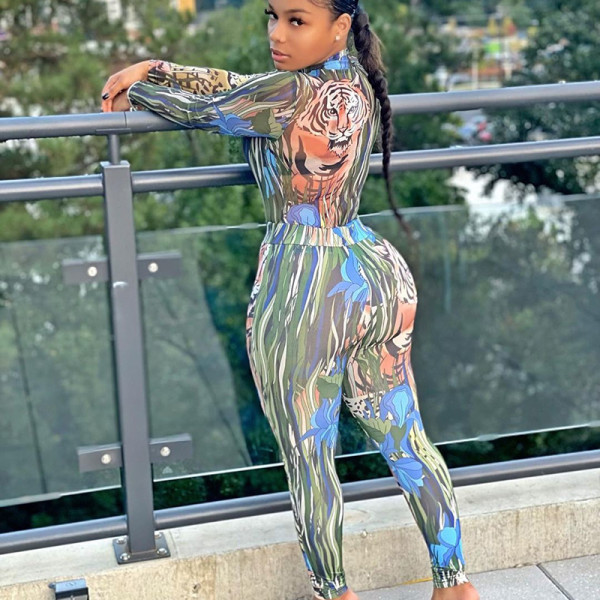 Women's winter tiger head leopard head long-sleeved hollow one-piece see-through trousers and mesh suit women