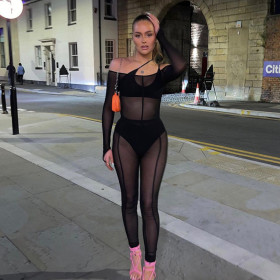 Women's 2021 winter black silk one-shoulder sexy see-through tight trousers mesh jumpsuit