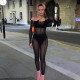 Women's 2021 winter black silk one-shoulder sexy see-through tight trousers mesh jumpsuit