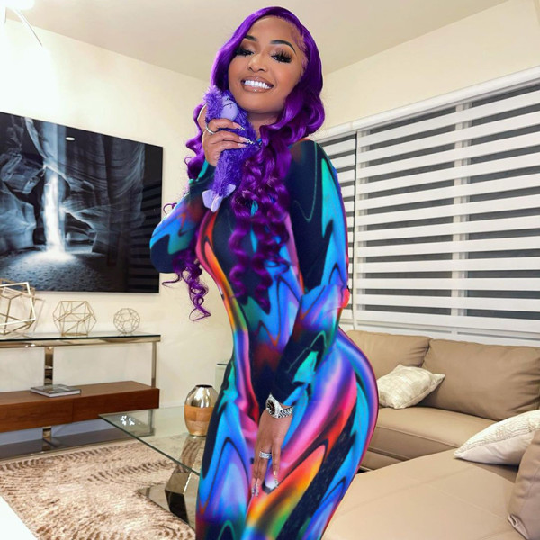 Women's 2021 autumn new color tie-dye round neck long-sleeved sexy trousers jumpsuit