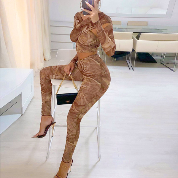 Women's autumn new sexy V-neck halter long-sleeved T-shirt high waist tight pants suit women