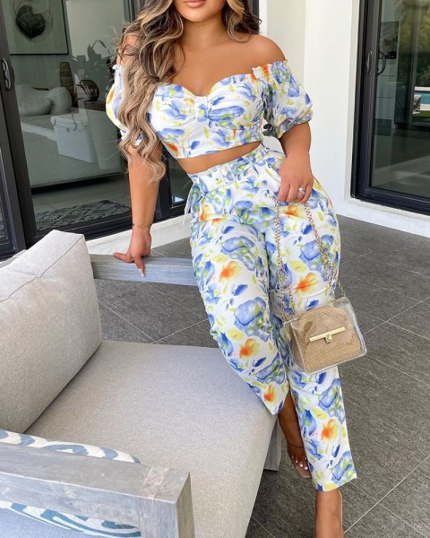 Tube top print temperament commuter long pants suit blue slim two-piece suit