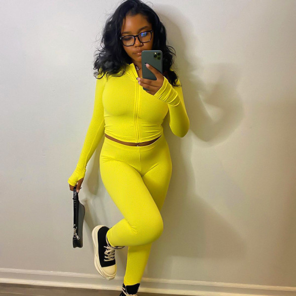 Fashion women's 2021 autumn solid color short hooded top sexy tight trousers suit