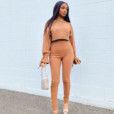 Women's autumn new pit strip round neck long-sleeved T-shirt tight casual trousers thread suit