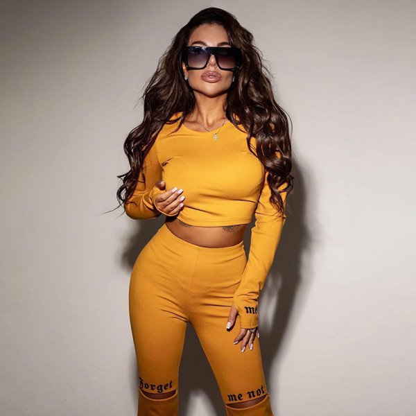 Women's winter new letter print long-sleeved T-shirt open smile knee trousers suit women