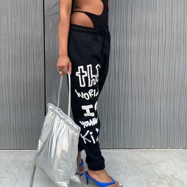 Women's winter new the world yours kid print drawstring trousers