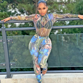 Women's winter tiger head leopard head long-sleeved hollow one-piece see-through trousers and mesh suit women