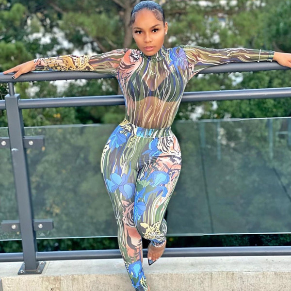 Women's winter tiger head leopard head long-sleeved hollow one-piece see-through trousers and mesh suit women
